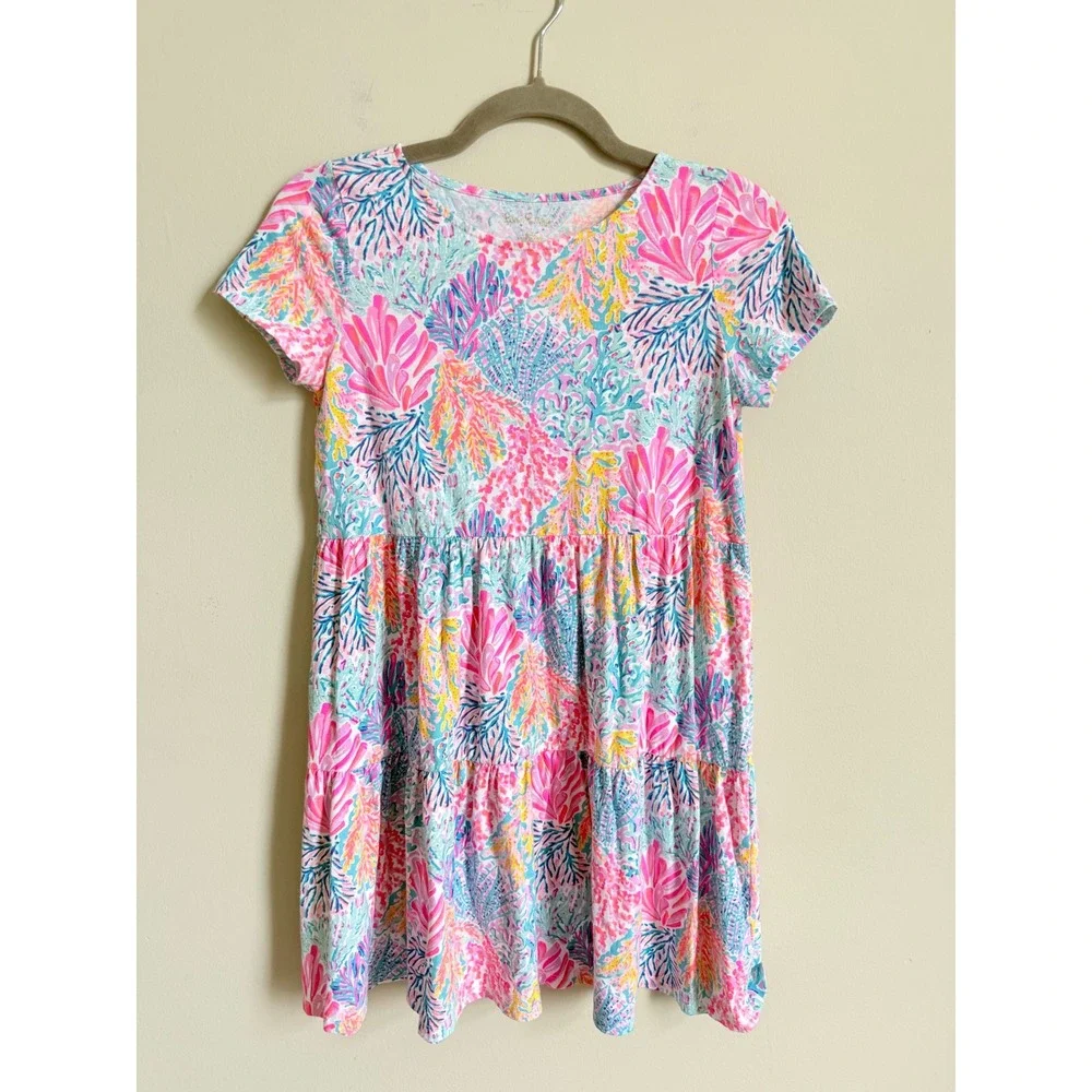 Lilly Pulitzer Girls Geanna Dress XL 12-14 Pink Blue Coral Tiered Knit Cotton